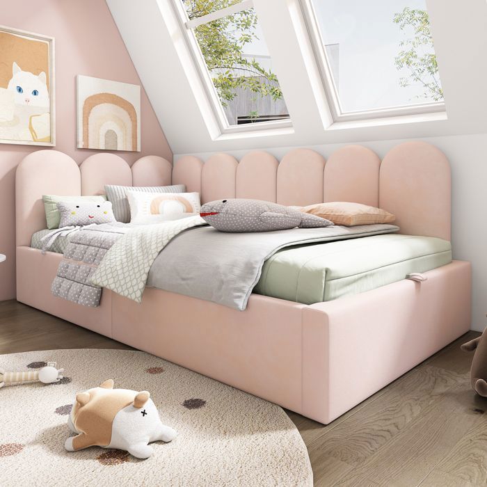 Lit Coffre Enfant - MERAX - 90x200 cm - Velours Rose - Sommier Hydraulique - Rangement Pratique Lit Coffre Enfant - MERAX - 90x200 cm - Velours Rose - Sommier Hydraulique - Rangement Pratique