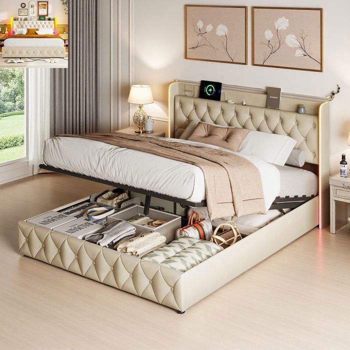 modfu Lit coffre 160x200 cm, LED, USB Type C, tête de lit, sommier à lattes, en lin, gris - Lit adulte - Rue du Commerce