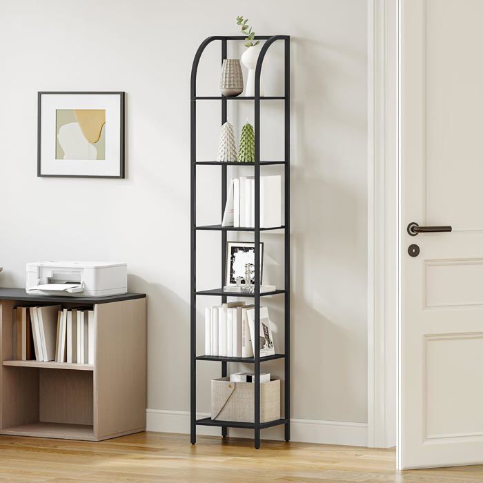 Étagères Étroites à 6 Niveaux Bibliothèque Verticale Meuble de Rangement Cadre Métallique Convient pour Bureau Salon Chambre Noir