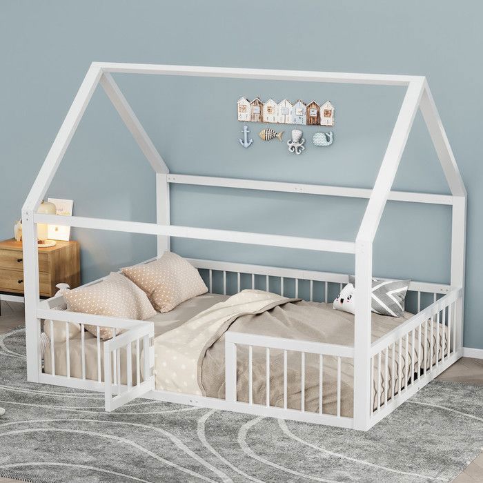 Lit enfant cabane en métal - 2 places - 140x200 cm - Blanc - Design de toit - Sécurisé avec barrières