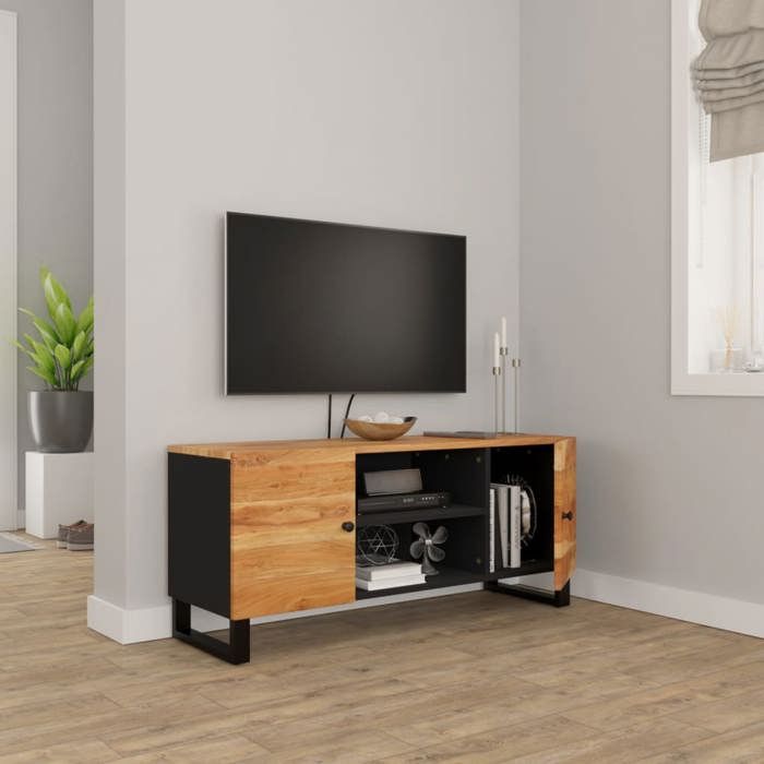 Meuble TV en bois dacacia - vidaXL - 105x33x46 cm - Noir - Bois dacacia massif - Style industriel - 4 compartiments