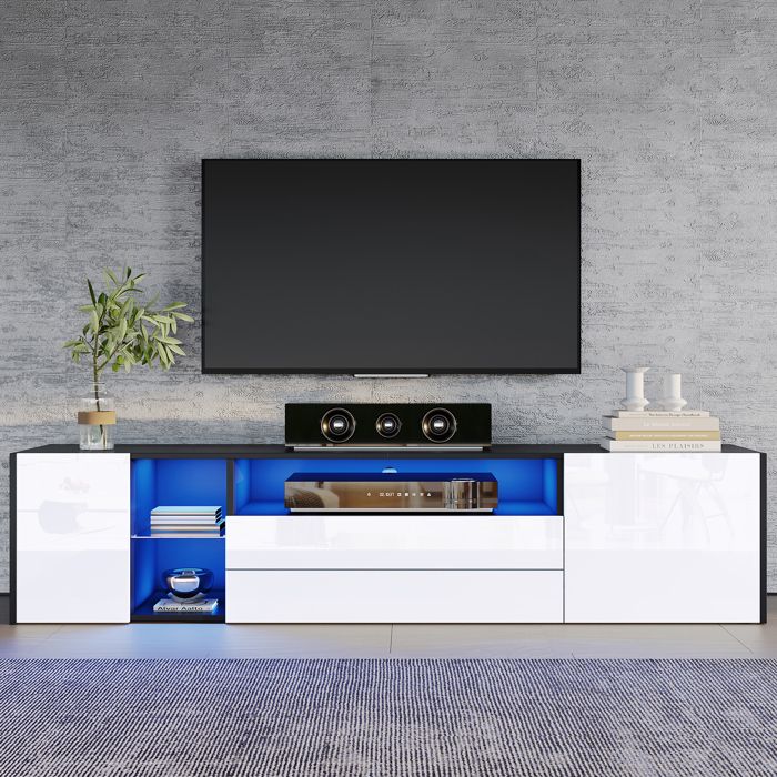 Meuble TV LED avec 2 Tiroirs et 2 Placards Façade Brillante pour TV jusqu’à 75 Pouces Blanc et Noir 180 x 40 x 45 cm Meuble TV LED avec 2 Tiroirs et 2 Placards Façade Brillante pour TV jusqu’à 75 Pouces Blanc et Noir 180 x 40 x 45 cm