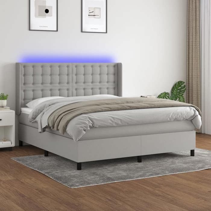 Sommier tapissier avec matelas et LED - vidaXL - 160x200 cm - Gris clair - Tissu polyester - Ressorts ensachés