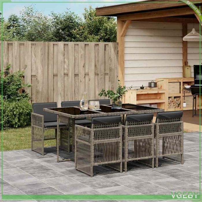 Ensemble à manger de jardin - Mod. 3210908 - 6 personnes - Résine tressée gris - Coussins amovibles