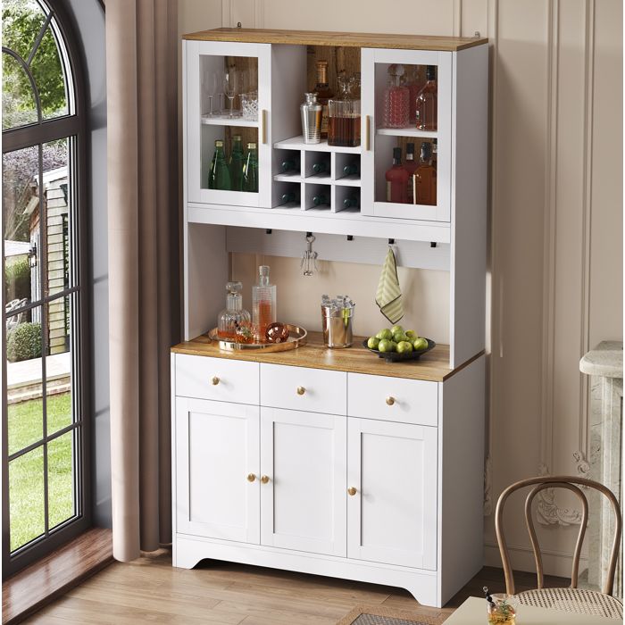 Buffet haut vaisselier vitrine 5 portes 3 tiroirs - ELVMI - MDF blanc aspect bois 945 x 30 x 1755 cm