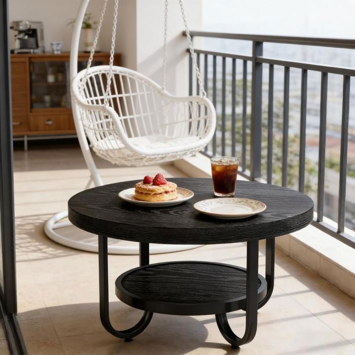 Table Basse Ronde - BELLEMAVE - Table Basse en Bois Double étage - Pieds en Métal - Table de Salon - Ø798 x H448 cm - Noir