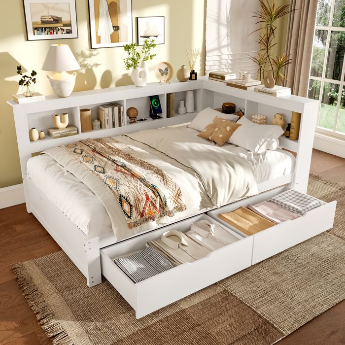 Lit gigogne 140x200 cm  Lit gigogne enfant avec Couchage Supplémentaire 90x190 cm et Prises USB  Structure Bois Pin MDF  Blanc