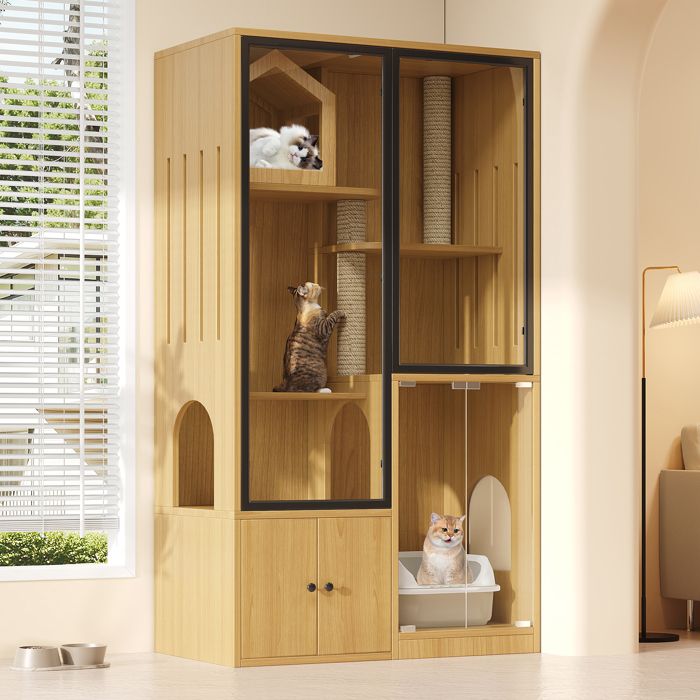 Comparer les prix de Maison de chat en verre - 90x50x160 cm - Érable - MDF et verre trempé - Quatre étages - Poteau à gratter