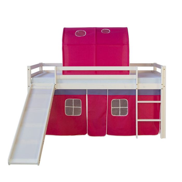 Lit mi-hauteur enfant - HOMESTYLE4U - HomeStyle4U-1490 - Toboggan - Tunnel - Rideau rouge