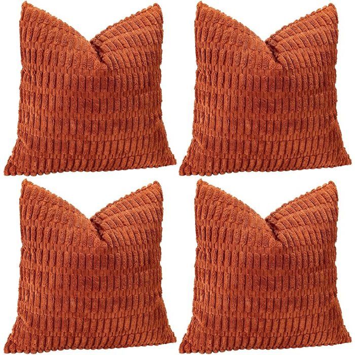 Lot de 4 housses de coussin décoratives en velours côtelé doux 50x50cm carrées à rayures housses d& 50 X 50 CM (L HOUSSE DE COUSSIN