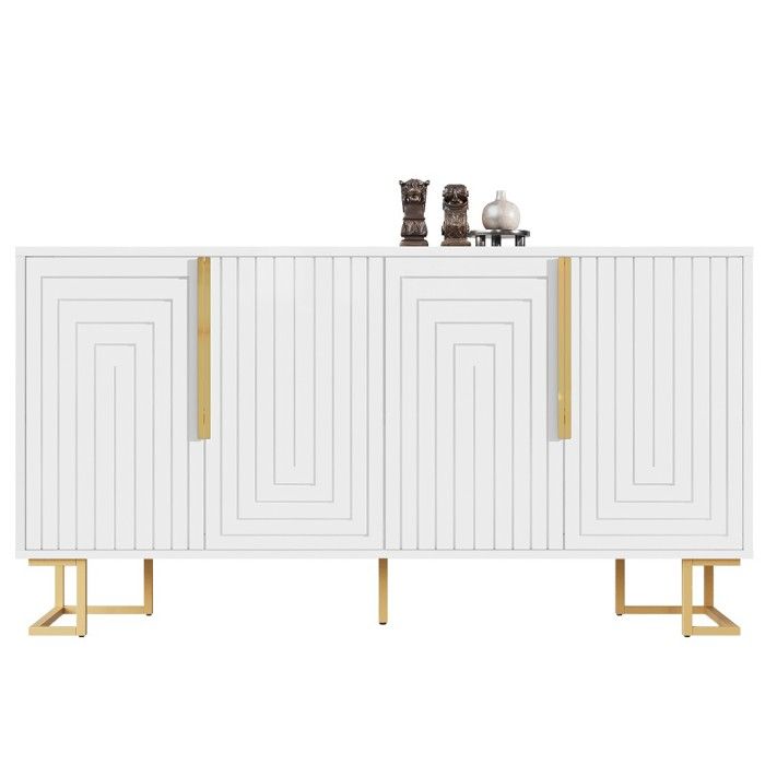 Buffet Bahut-Blanc-Poignées&Pieds Dorés-152x40x75cm-Design Géométrique-Élégant-Moderne-Pour Salon-Cuisine Buffet Bahut-Blanc-Poignées&Pieds Dorés-152x40x75cm-Design Géométrique-Élégant-Moderne-Pour Salon-Cuisine