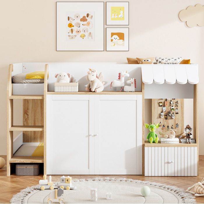 Lit mezzanine enfant maison avec échelle et rangement - ELVMI - bois et blanc naturel sans matelas 90 × 200 cm