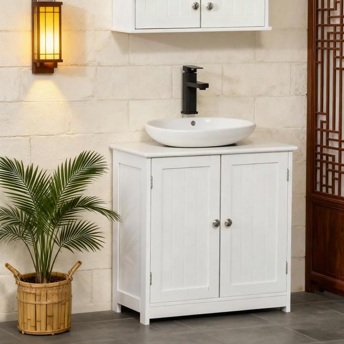 MIPAN. MEUBLE VASQUE DE SALLE DE BAIN RÉSISTANT À LHUMIDITÉ DEUX PORTES 60*30*60CM BLANC