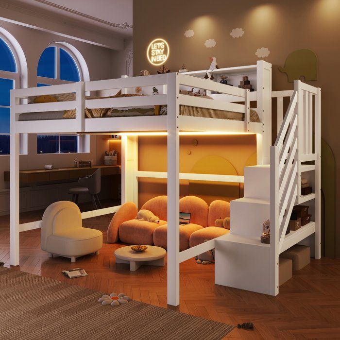 Lit mezzanine enfant 140x200 cm avec éclairage LED escalier de rangement étagères garde-corps - pin et MDF - blanc
