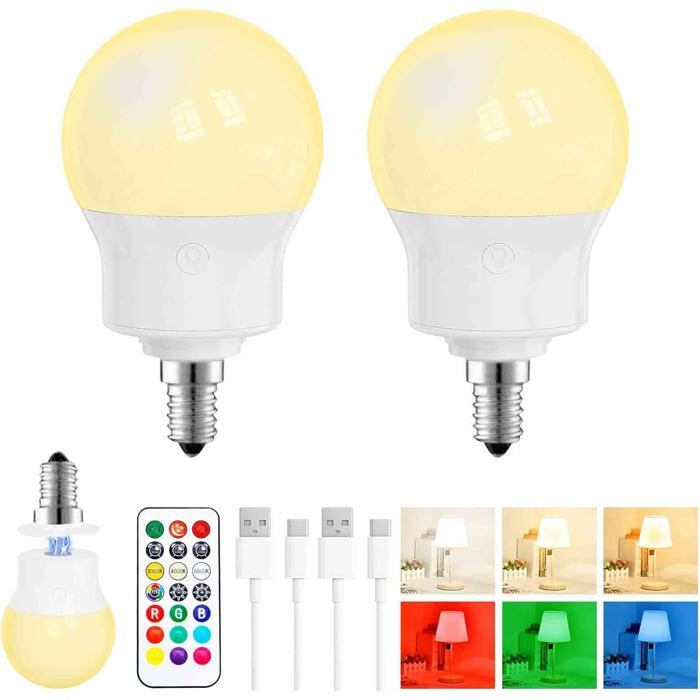 Ampoule LED Rechargeable Sans Fil Magnétique E14 Dimmable 480LM Télécommandée - 3 Temp. Couleur + 9 RGB 3 Timers - Lot de 2