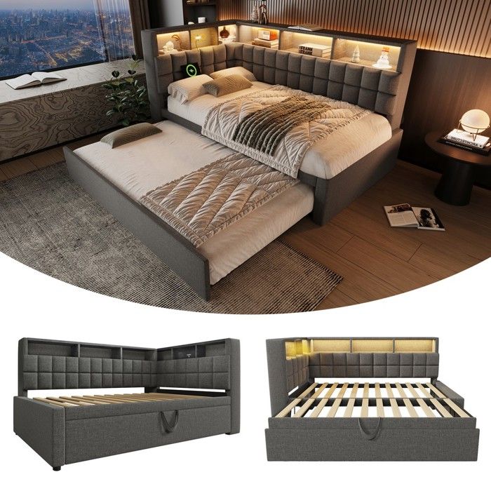 Lit canapé capitonné - Zephmum - 90x200 tiroir extensible 90x190 LED enceinte USB-C tête L rangement lin gris sans matelas