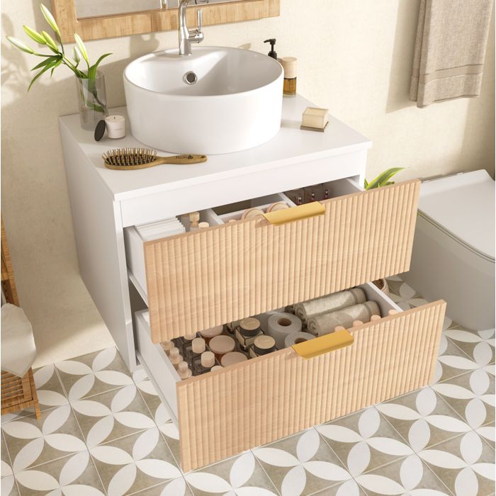 COVREO Meuble sous vasque suspendu 60 cm avec vasque ronde en céramique 2 tiroirs MDF aspect bois