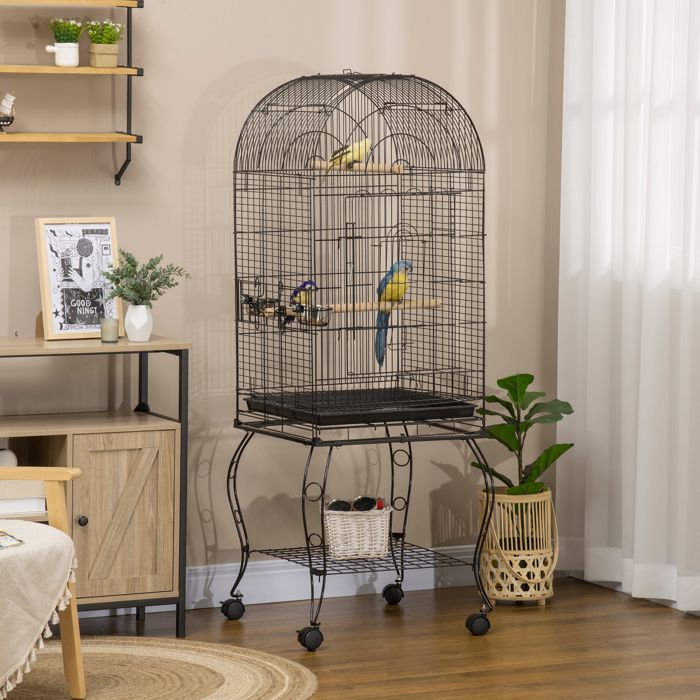 Cage à oiseaux sur support à roulettes 51 x 51 x 153 cm noir acier plateau amovible 2 mangeoires