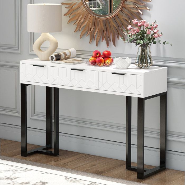 Table Console Moderne Avec 3 Tiroirs Blanc Et Noir Motifs Géométriques Structure Métallique Pieds Réglables Pour Entrée Salon Bureau