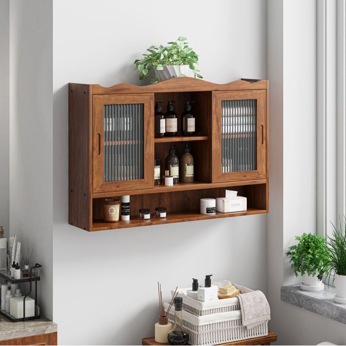 Armoire Murale Rétro 90 Cm 2 Portes Coulissantes Bois Massif Et Verre Marron 3 Niveaux De Rangement