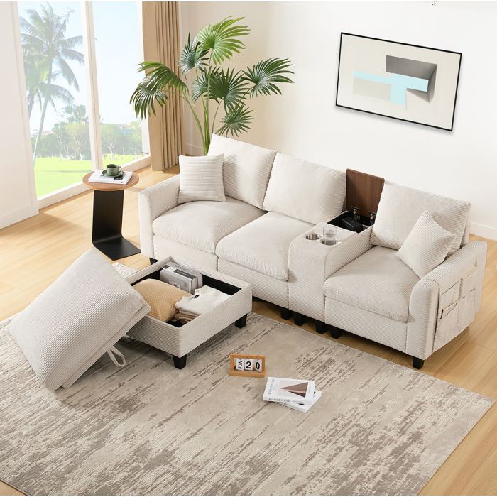 WOVREO canapé d’angle modulable en L 4 places beige velours côtelé avec console USB 2 porte-gobelets et pouf coffre