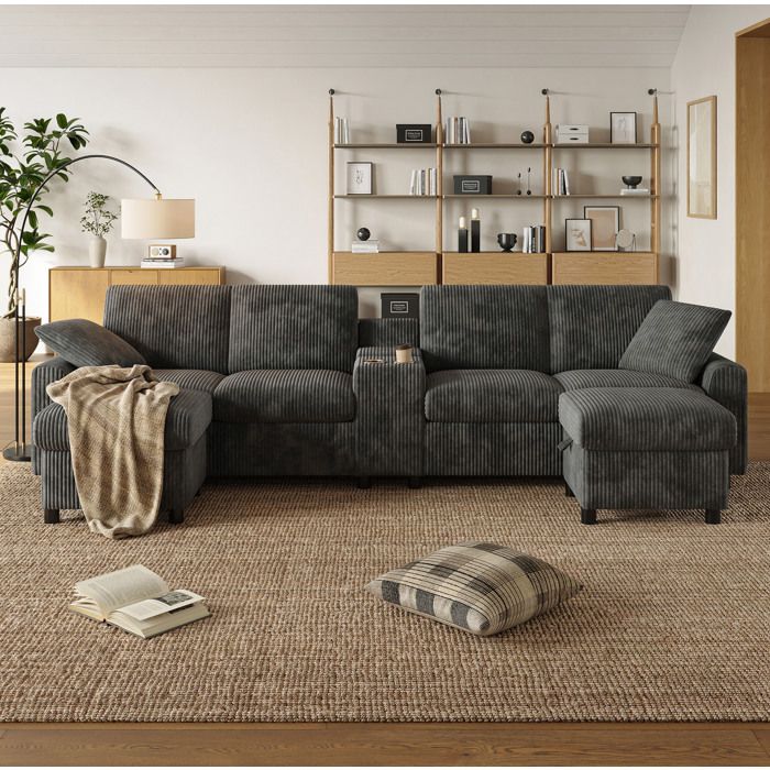 JOINERY canapé panoramique modulable rangement 315 x 135 x 81 cm velours côtelé gris avec 2 poufs et console charge