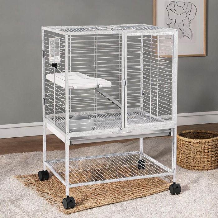 Cage 2 niveaux 61 5x44 5x86 cm pour petits animaux sur roulettes avec rampe étagère et plateau amovible acier gris clair