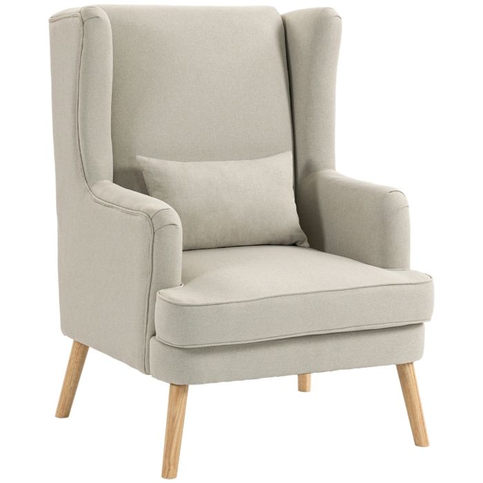 Fauteuil daccent - Beige - Dossier haut avec coussin lombaire - Siège large 57x55 cm - Tissu aspect lin respirant