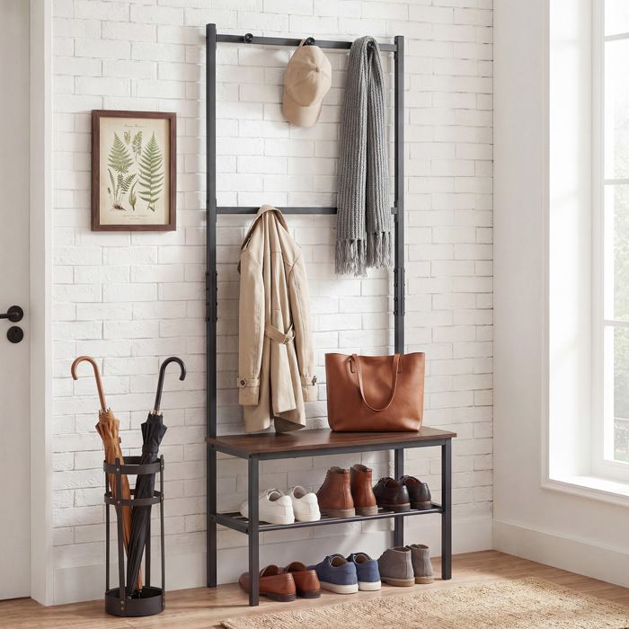 Porte Manteau sur Pieds COSTWAY avec Étagère à Chaussures et BancÉtagère à 3 Niveaux 60 x 30 x 166 CM