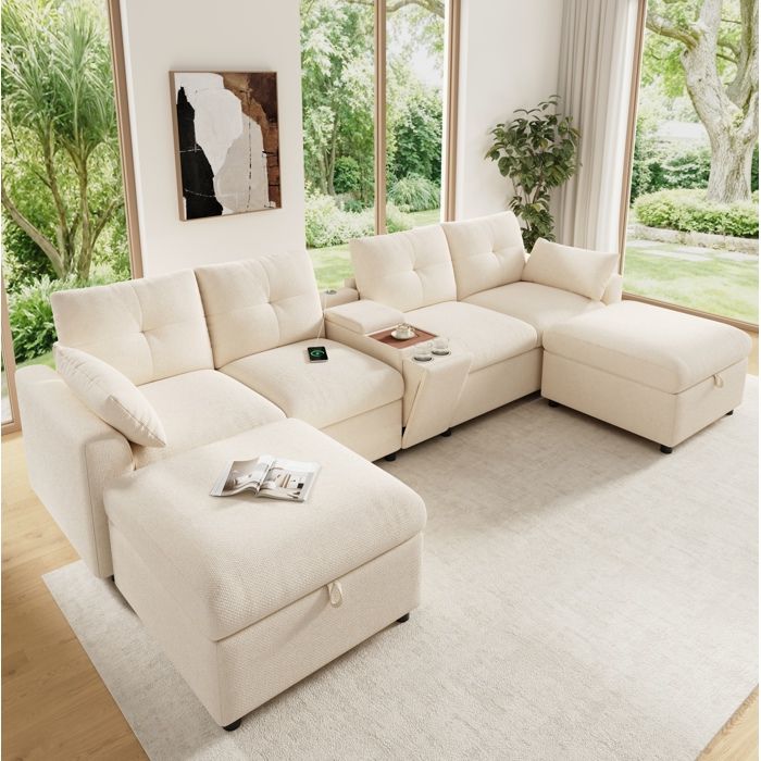 Canapé d’angle modulaire 6 places beige en chenille forme U/L 2 poufs rangement console USB Type-C