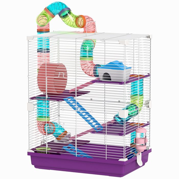 Cage pour hamster rongeur 4 étages avec tunnels mangeoire roue maison échelles 46 x 30 x 58 cm violet