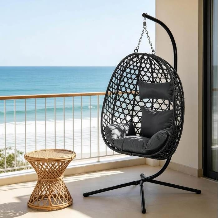 Fauteuil suspendu AESVAR avec support hauteur réglable rotin PE et métal 105 x 105 x 195 cm gris foncé