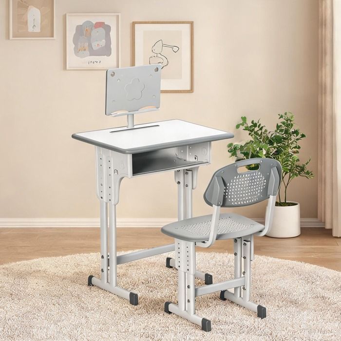 Bureau enfant avec chaise réglable et rangements intégrés 60x45 cm gris et blanc en PP et acier