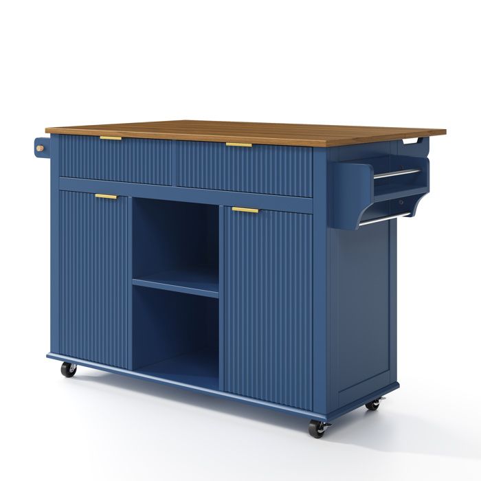 Îlot central de cuisine mobile bleu et marron plan rabattable 2 tiroirs et 2 portes 143 x 45 x 89 5 cm