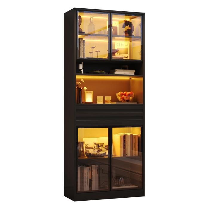 Vitrine avec éclairage LED Bibliothèque avec 4 Portes en Verre 1 Tiroir Vitrine en Verre Moderne Pour Salon 80x35x200 cm Noir