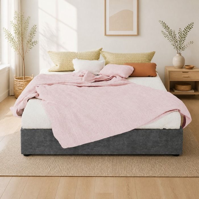 Sommier coffre - ZEVKOR - 160 x 200 cm - Tissu gris - Vérins à gaz - Rangement intégré