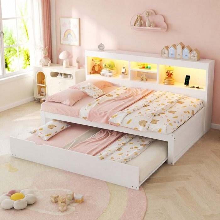 Lit combiné 1 place 90×200 - ZEVKOR - Modèle 90×200 - LED intégrée - Lit gigogne - Rangement latéral
