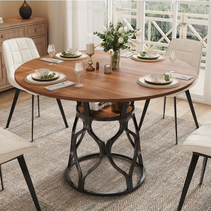 Table à manger ronde walnut+black 100 x 100 x 75 cm 4-6 personnes étagère intégrée pieds réglables