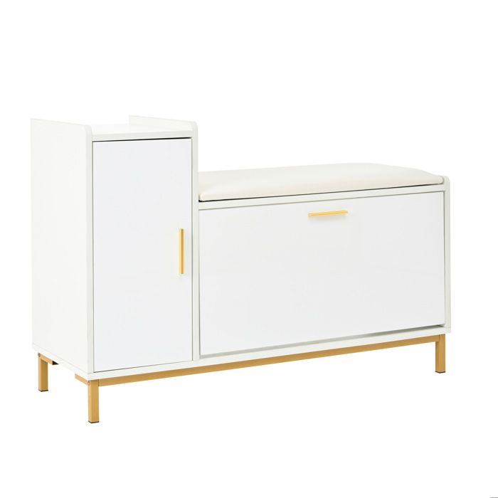 Meuble à chaussures – Banc rembourré – 2 étagères placard et porte abattante – Blanc et doré – 100 x 38 x 68 cm