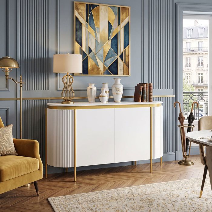Enfilade 140x38x80 cm Grand espace de rangement & 4 portes Design soigné en MDF blanc et or Style contemporain