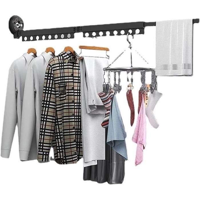 Porte-manteau Mural Pliable - Séchoir à Linge Rétractable, Capacité 27 Kg, Aluminium Aéronautique, Noir