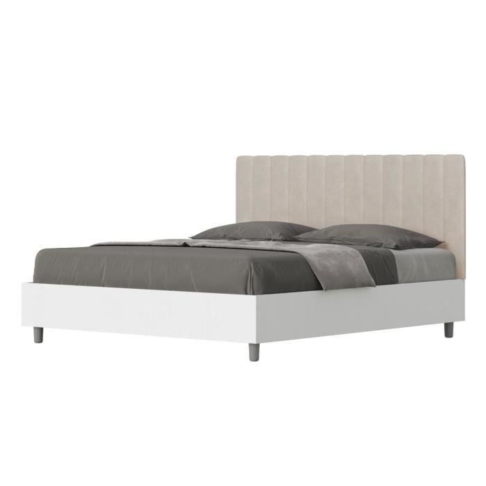 Lit avec sommier 160x190 structure frêne blanc tête de lit microfibra sable Kaia