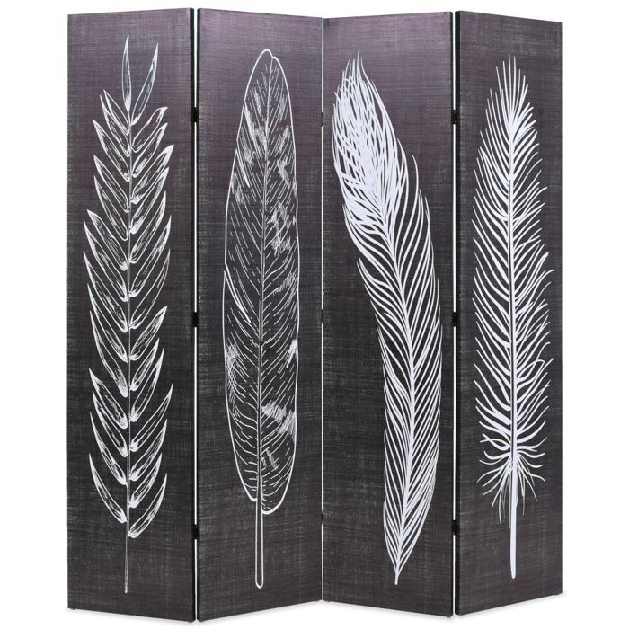 Paravent séparateur de pièce cloison de séparation décoration meuble pliable 160 cm plumes noir et
