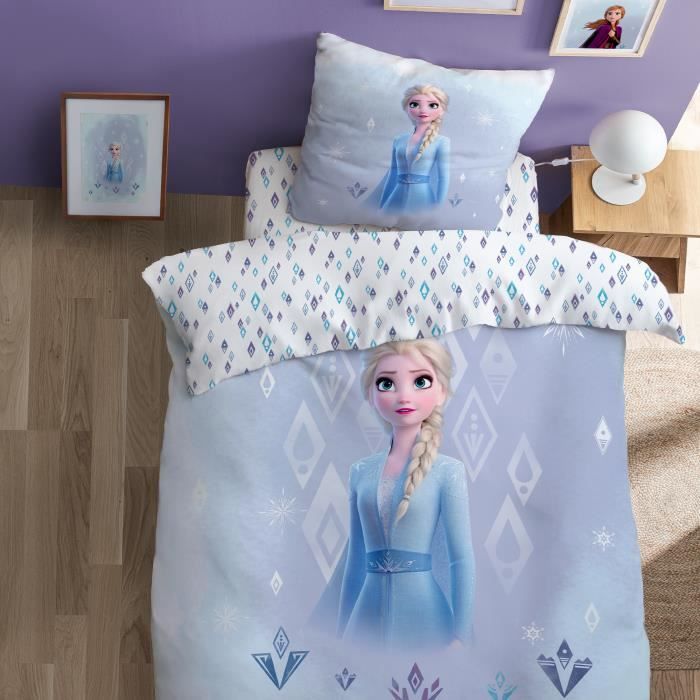 Parure de lit imprimée 100% coton, frozen trio bleu La Reine Des