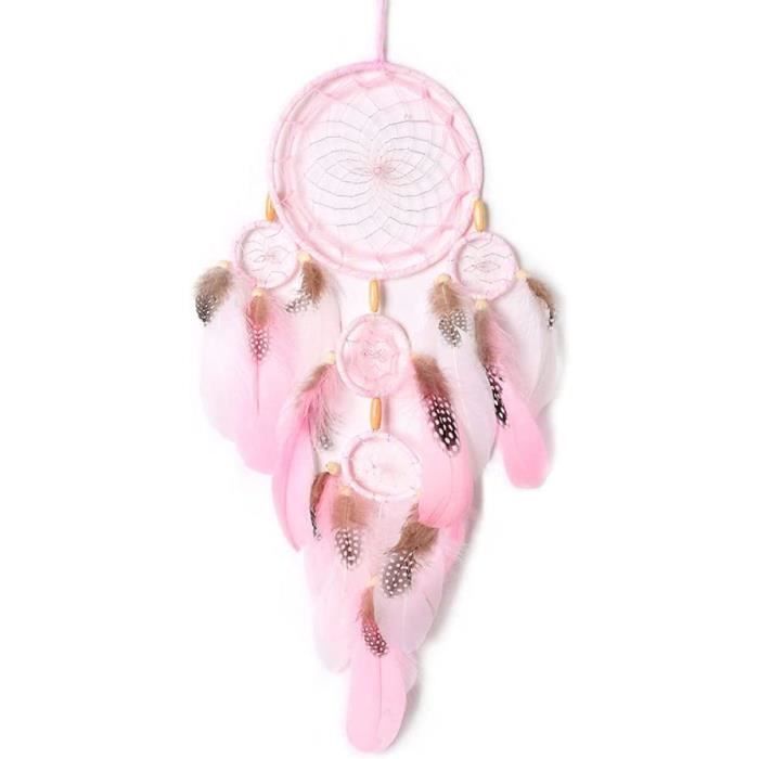 Attrape-rêves Décoratif Mural Pour Chambre - 5 Anneaux Porte-bonheur - Fait Main Avec Plumes Naturelles - Idée Cadeau Zen Et Positif