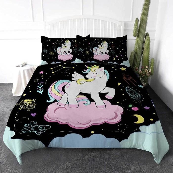 Housse De Couette 3D Licorne Arc-en-ciel – Parure De Lit 3 Pièces Microfibre – Taille Single à Super King