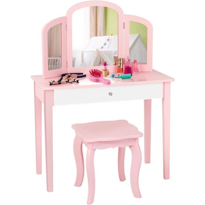 costway coiffeuse pour enfants 2 en 1 avec miroir amovible et pliable, 1 grand tiroir style princesse rose