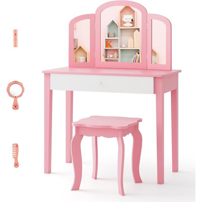 COSTWAY Coiffeuse pour Enfants 2 en 1 avec Miroir Amovible et Pliable 1 Grand Tiroir Style Princesse Rose COSTWAY Coiffeuse pour Enfants 2 en 1 avec Miroir Amovible et Pliable 1 Grand Tiroir Style Princesse Rose