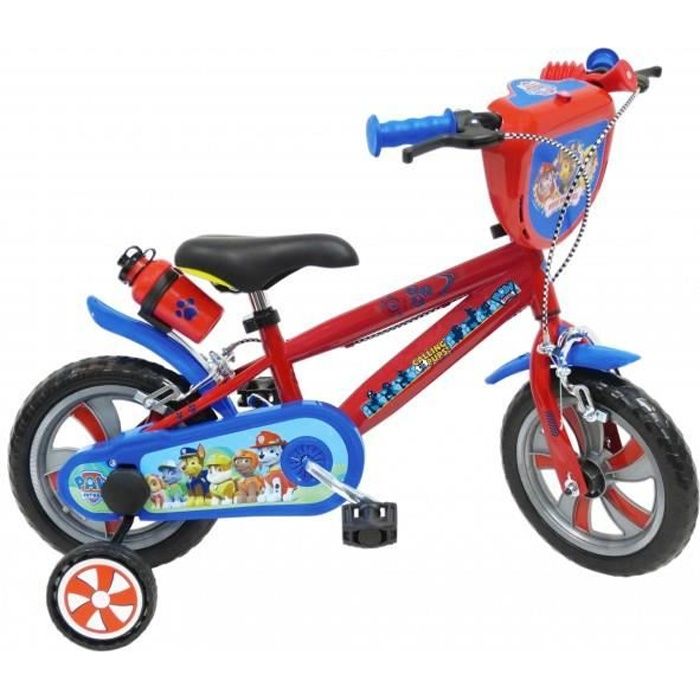 Vélo enfant 12'' Pat Patrouille pour enfant < 90 cm équipé de 2 freins, 2  stabilisateurs, plaque avant décorative + Bidon arrière ! - Cdiscount Sport