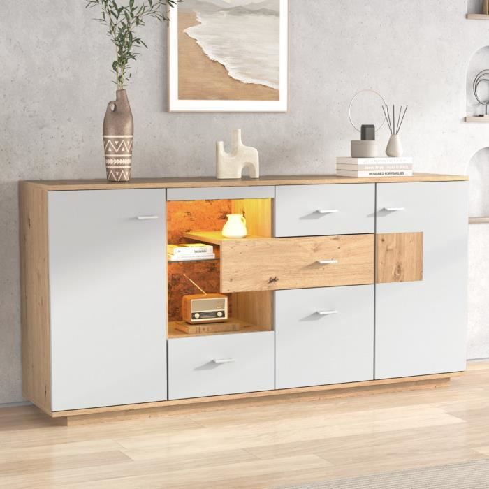 Buffet avec 2 portes 4 tiroirs Meuble de rangement LED de large espace Commode d’étagère en verre pour salon ou cuisine blanc
